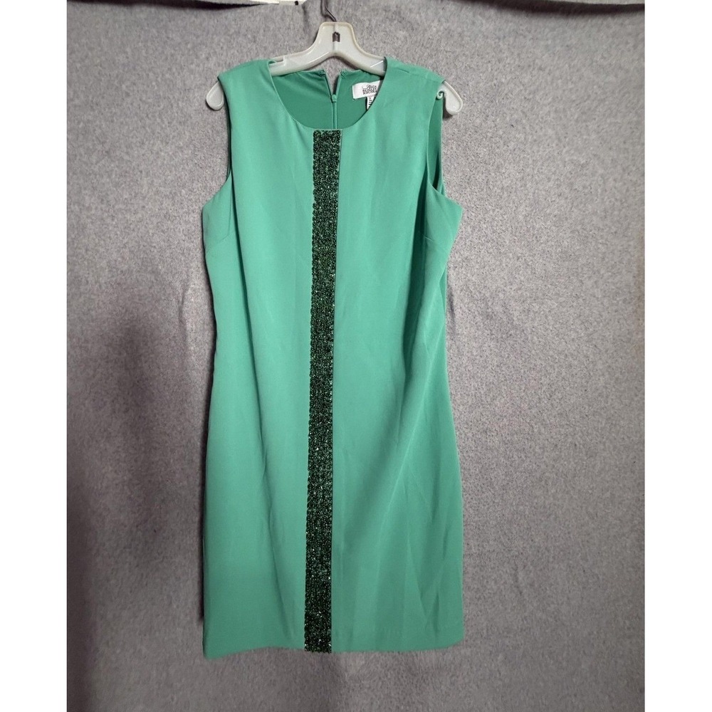 Belle Badgley Mischka Dress Womens 14 Green Beaded Sheath Lined Party Cocktail